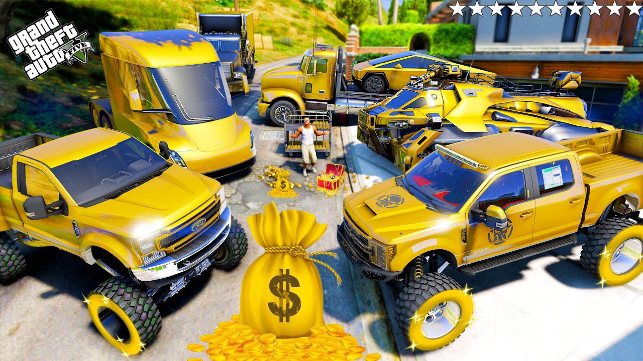 GTA 5 - Stealing GOLD SuperTRUCKS with Franklin! (Real Life Trucks)
