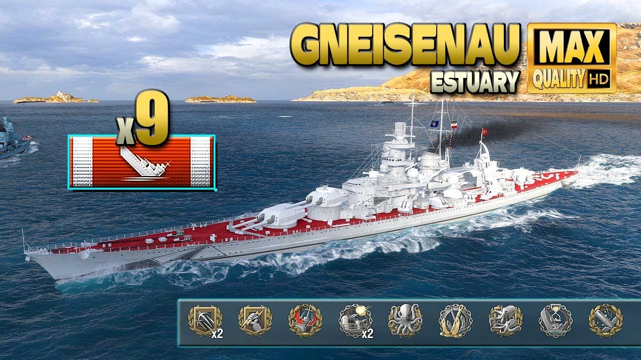 линкор Gneisenau: 9 уничтоженных кораблей на карте Estuary - World of Warships