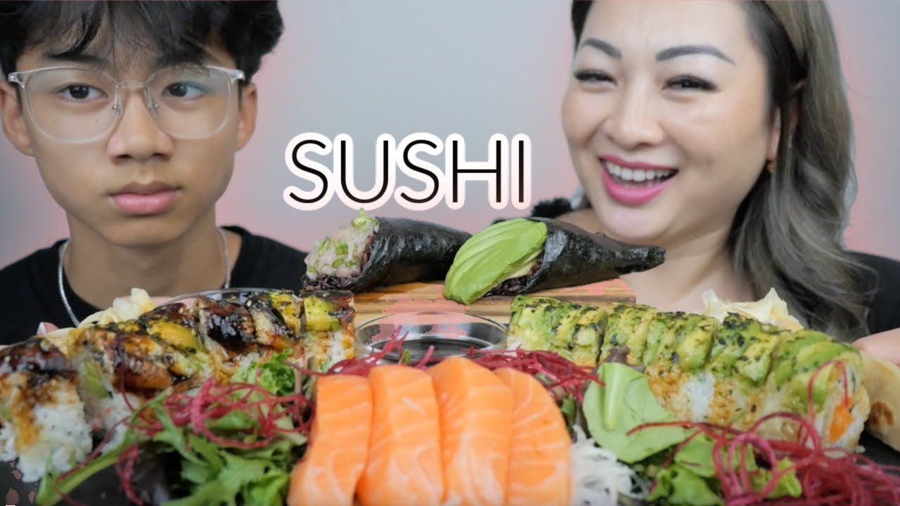 SUSHI Mukbang with Nico *Temaki Cone, Salmon Sashimi, Specialty Rolls | N.E Let's Eat