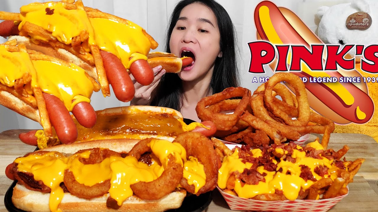 Eating CHEESY HOT DOGS Compilation #1 - Pink's Hot Dog Mukbang w/ ASMR Eating Sounds