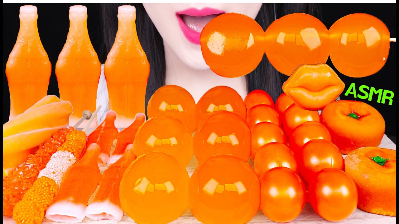 ASMR ORANGE FOODS *MANGO JELLY, NIK-L-NIP WAX BOTTLE 망고 젤리, 닉클립 왁스병, 화과자, 락캔디 먹방 EATING SOUNDS