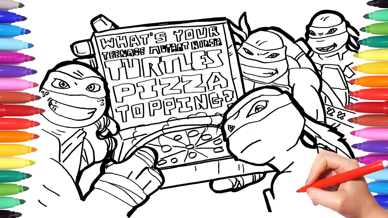 TMNT Draw and Color | TMNT Coloring Page | Mikey Donnie Raph Leo Sharing Pizza Coloring for Kids