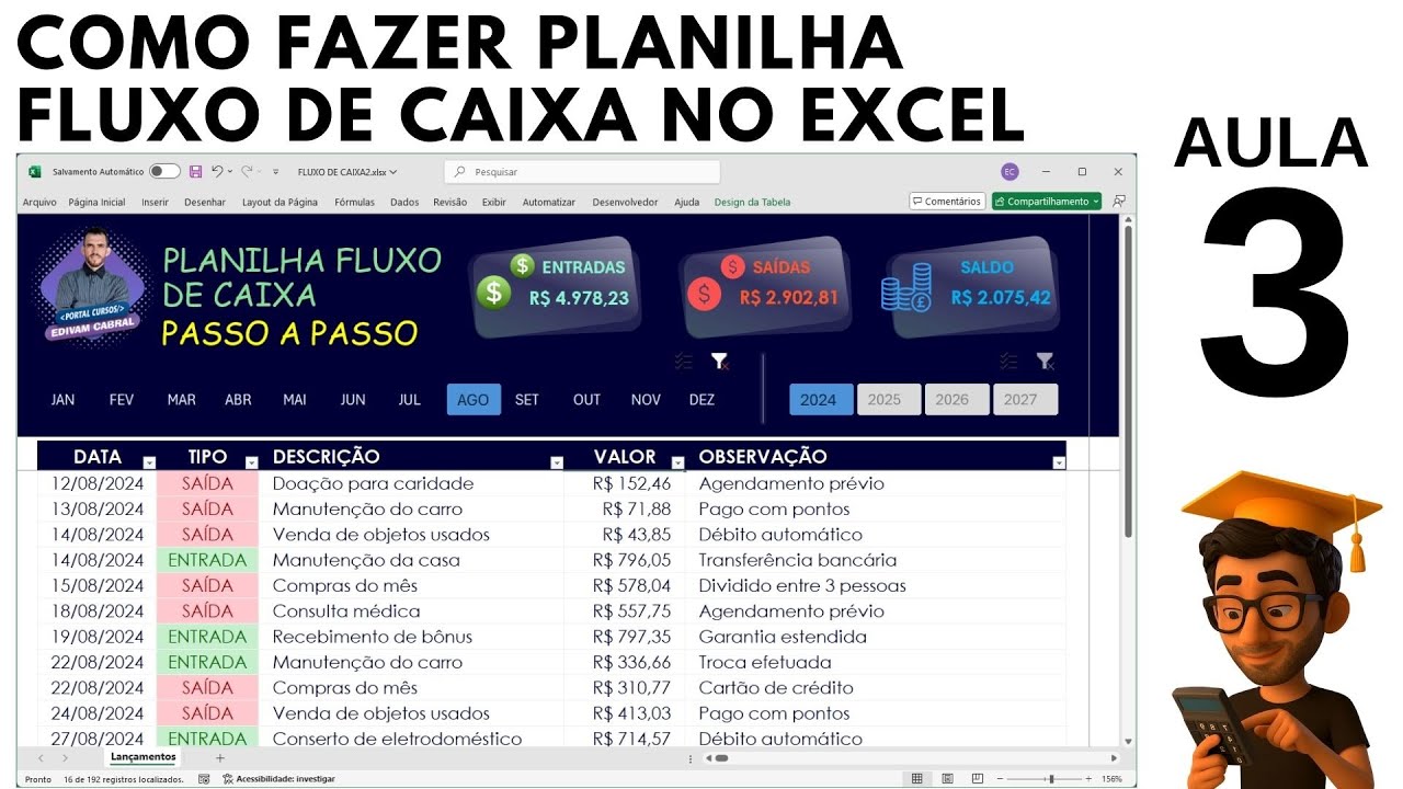 Como Fazer Planilha Fluxo de Caixa no Excel Aula 03