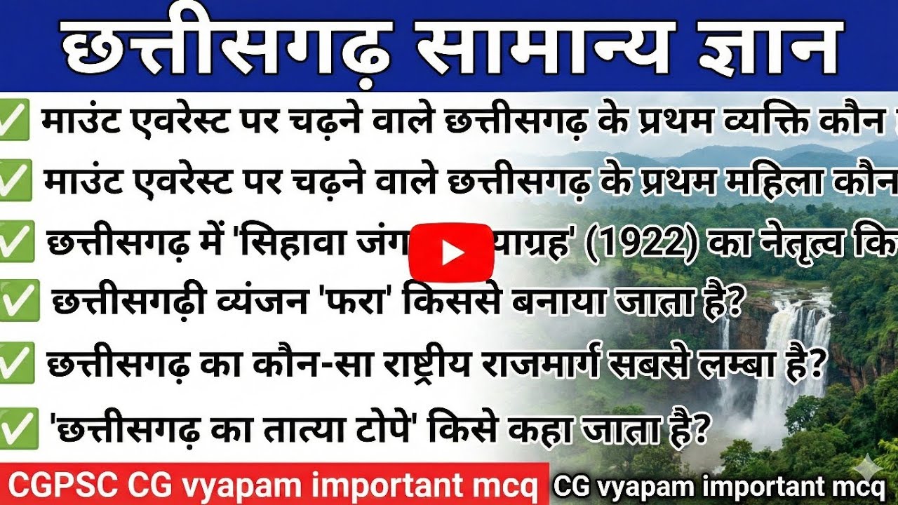 CHHATTISGARH GK QUESTION 2025 | CHHATTISGARH GENERAL KNOWLEDGE 2025  | CGPSC CG VYAPAM EXAM 2025 MCQ