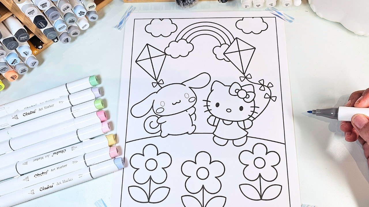 Cute Hello Kitty and Cinnamoroll Coloring 🌈 Marker ASMR