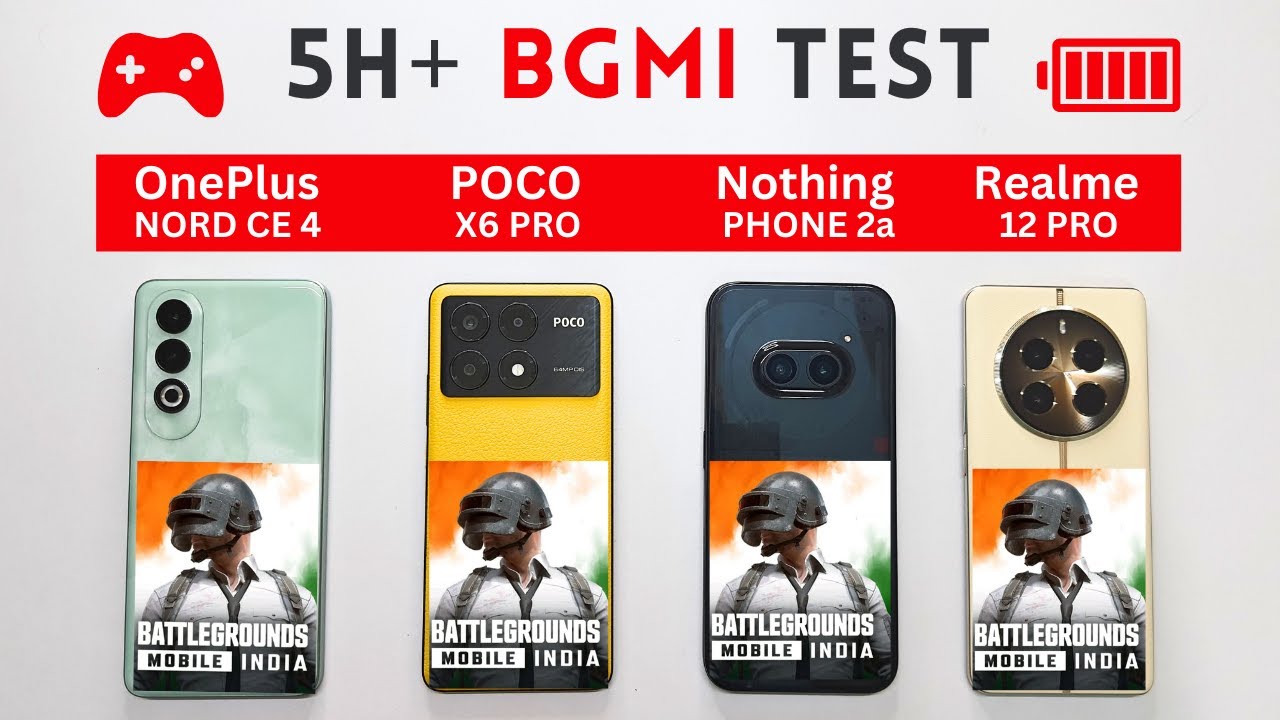 BGMI Gaming, BATTERY Drain Test | OnePlus Nord CE 4 vs POCO X6 Pro vs Nothing Phone 2a vs Realme🎮