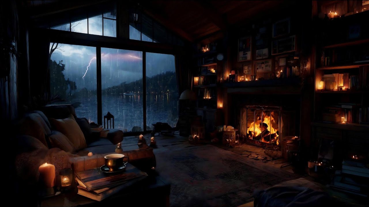Rain Sounds, Thunder & Gentle Wind for Deep Sleep | Rain on Window & Cozy Fireplace (No Ads)