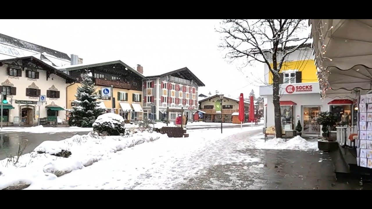 Snow Day Walking thru Garmisch to Train Station - Garmisch-Partenkirchen, Bavaria, Germany