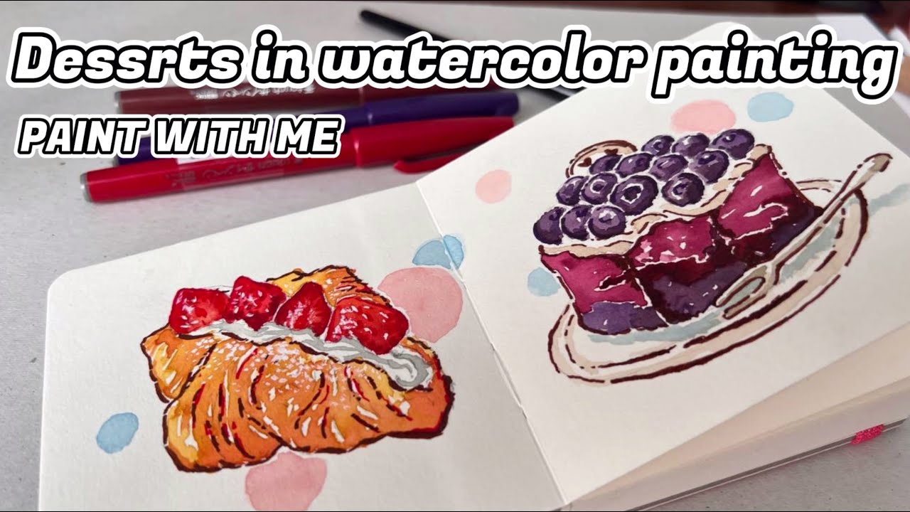 【Paint with me】desserts in watercolor painting / cake and croissant