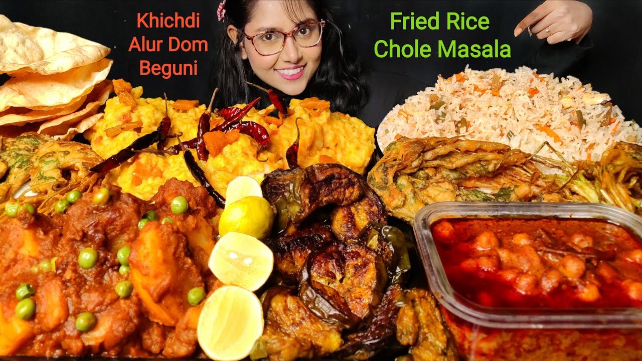 Eating Chole Masala, Dum Aloo, Fried Rice, Begun Vaja | Mukbang | Asmr Eating | Big bites