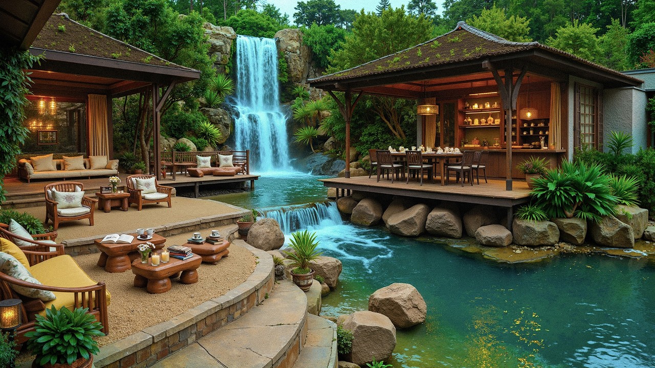 Waterfall Garden Courtyard Coffee Jazz - Elegant Smooth Jazz Music with Nature Sounds For Calm Mood
