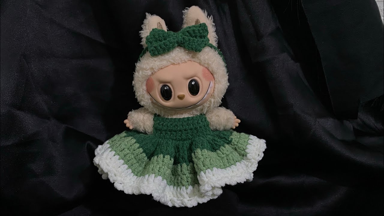 How to crochet pretty dress for LaBuBu 17cm - Basic crochet doll’s clothes - Step by step- Eng sub