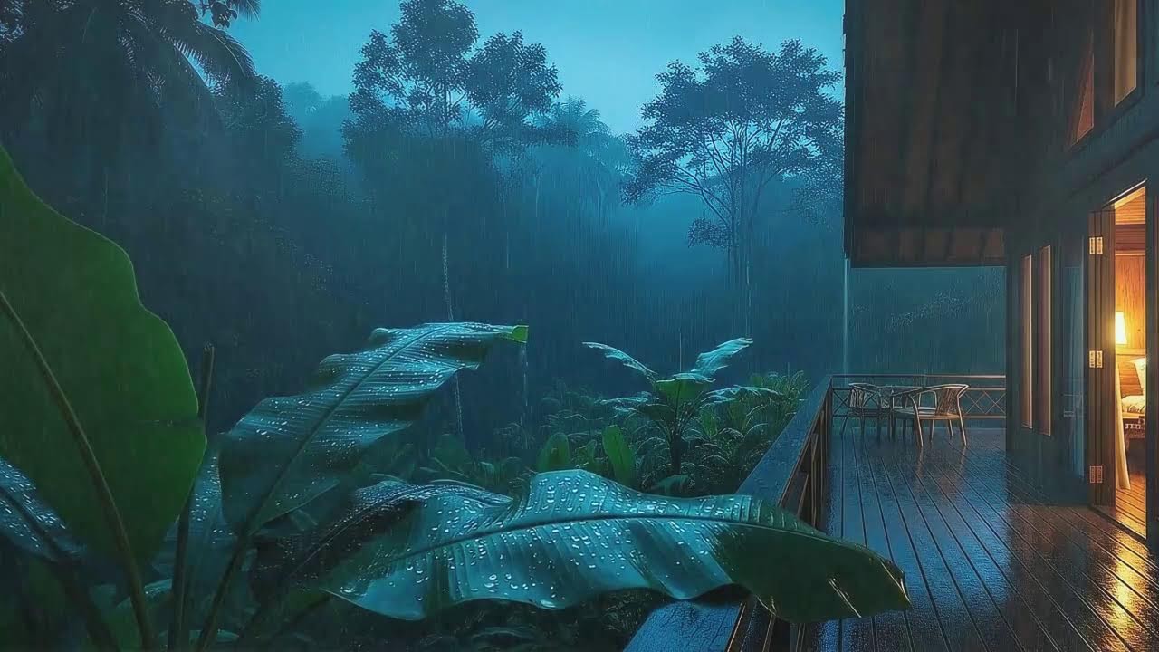 Fall Asleep Fast with Light Rain Sounds and Low Thunder at Wooden Cabin Terrace 🌧️