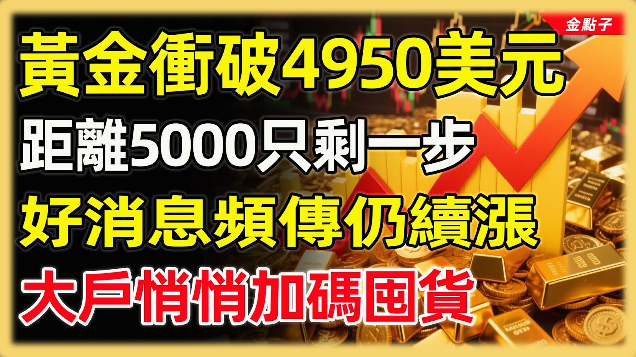 黃金衝破4950美元，距離5000只剩一步，好消息頻傳仍續漲，大戶悄悄加碼囤貨