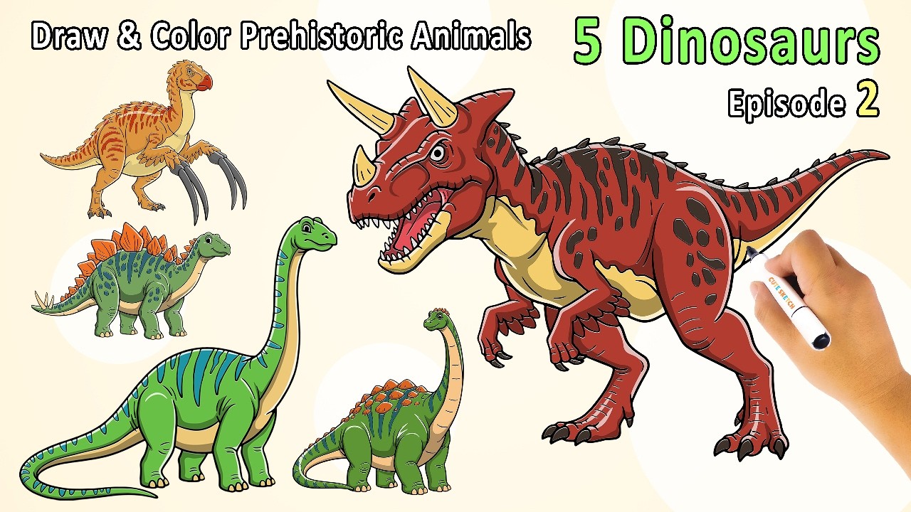 Draw & Color Prehistoric Animals | 5 Dinosaurs – Episode 2