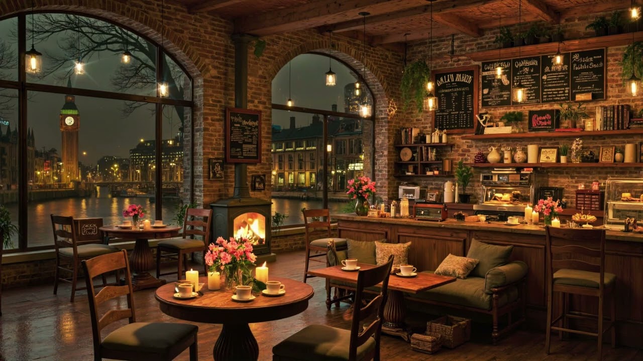Cozy Autumn Evening by the Thames — Fireplace Café Ambience & Relaxing Music