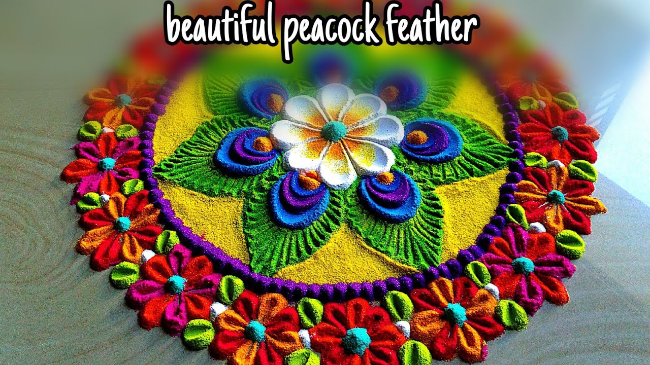 janamastmi rangoli with peacock feather n beautiful flowers #926