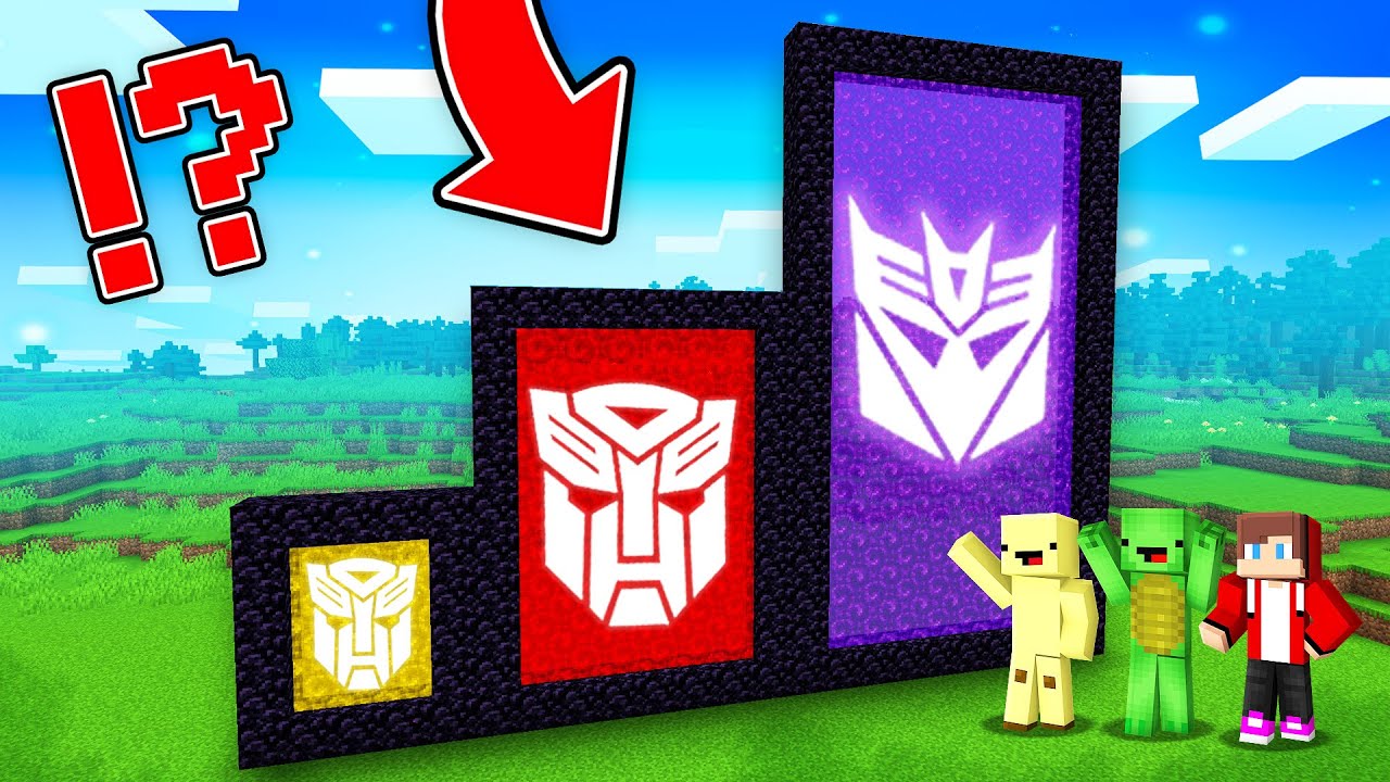 JJ's Optimus Prime vs Banana Bumblebee vs Mikey's Megatron Survive portals Battle in Minecraft