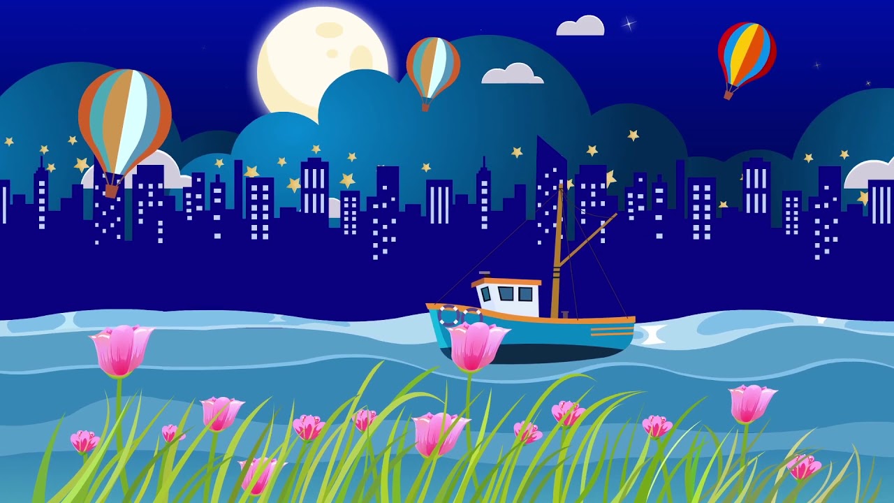 Cartoon background of night city fishing boat - Cartoon kids