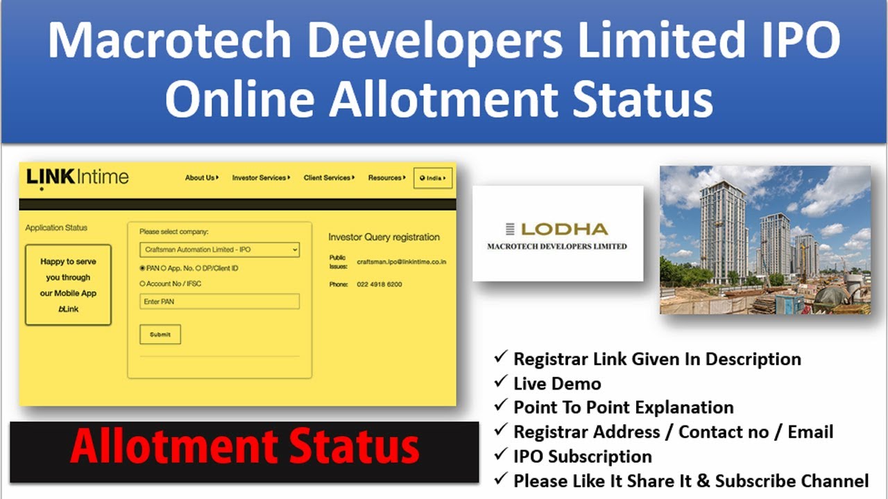 Lodha Developers Allotment Status | Macrotech Developers IPO | Subscription Status