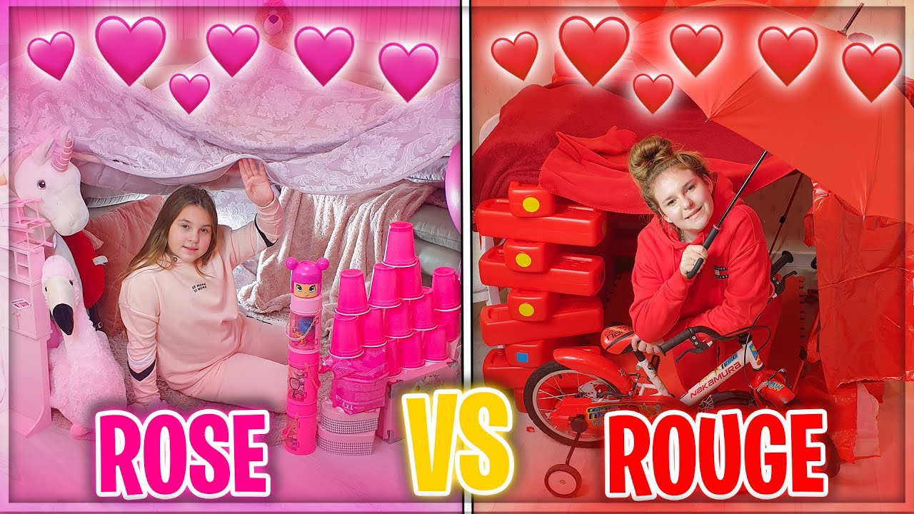 ON CONSTRUIT UNE CABANE D'UNE SEULE COULEUR ROSE VS ROUGE !(One Color 24H Challenge)