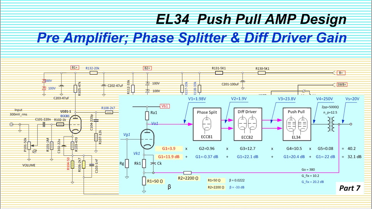 EL34 Push Pull Amplifier; PreAmp; Phase Splitter; Differential Driver Gain Estimate