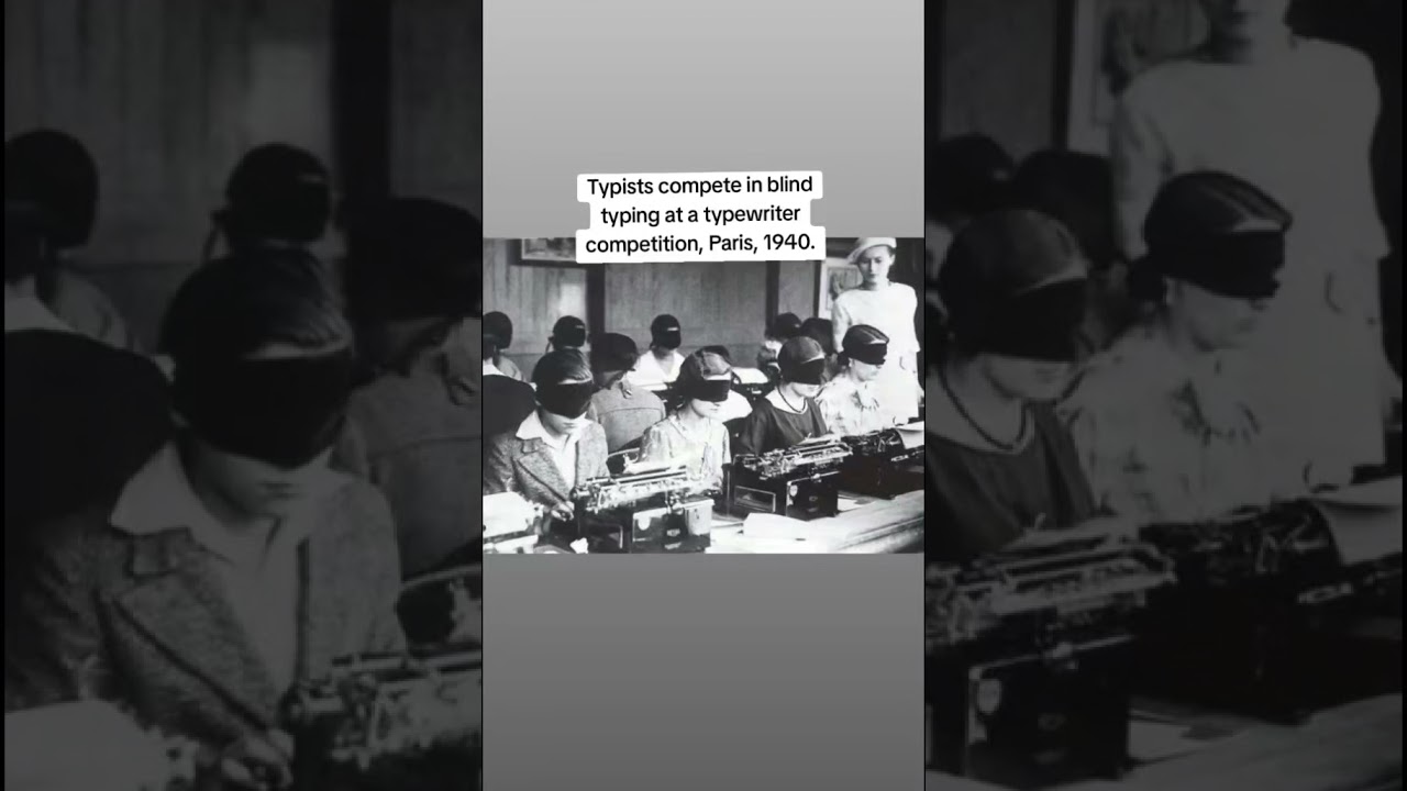 Typists compete in blind typing at a typewriter competition, Paris, 1940. 