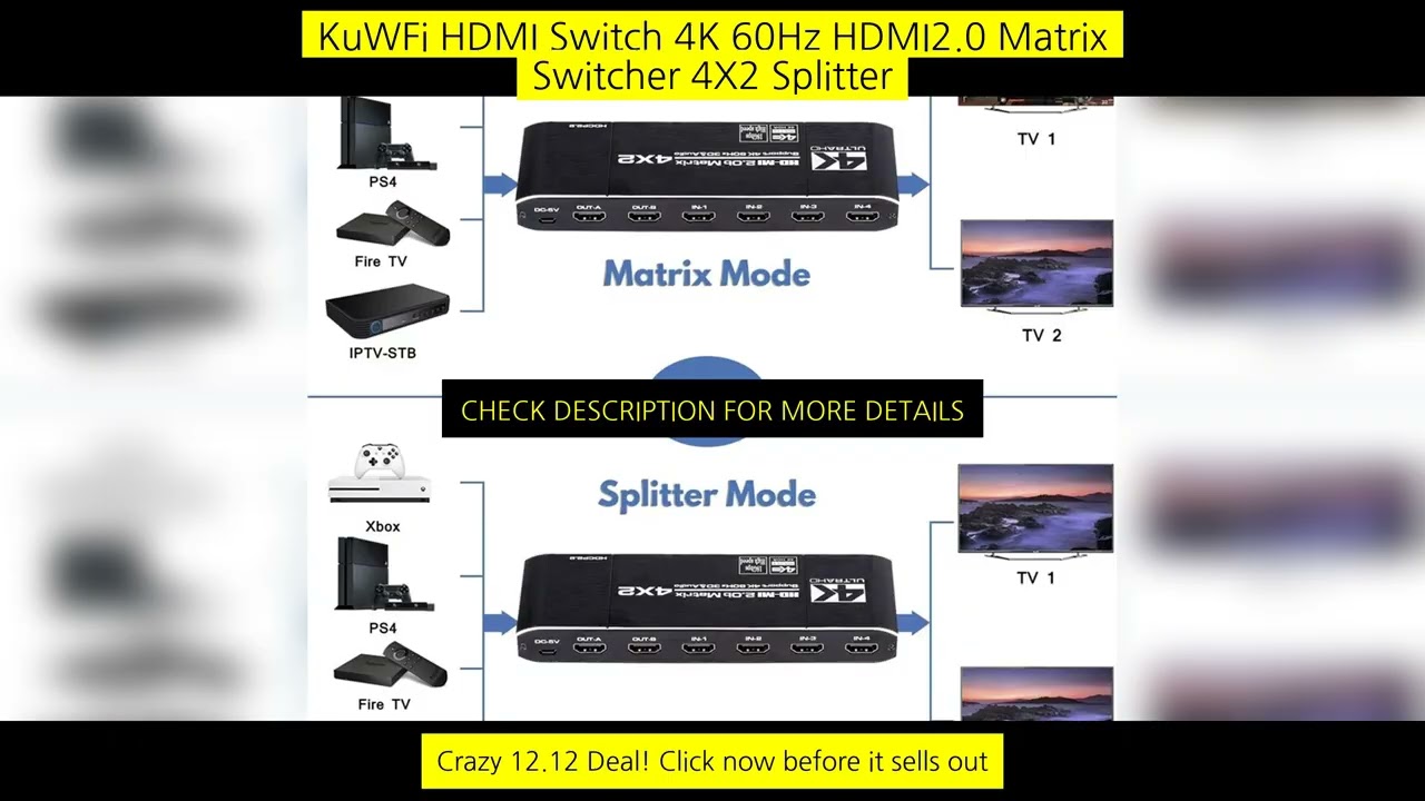 Kuwfi Hdmi Switch 4K 60Hz Hdmi2.0 Matrix Switcher 4X2 Splitter With Remote