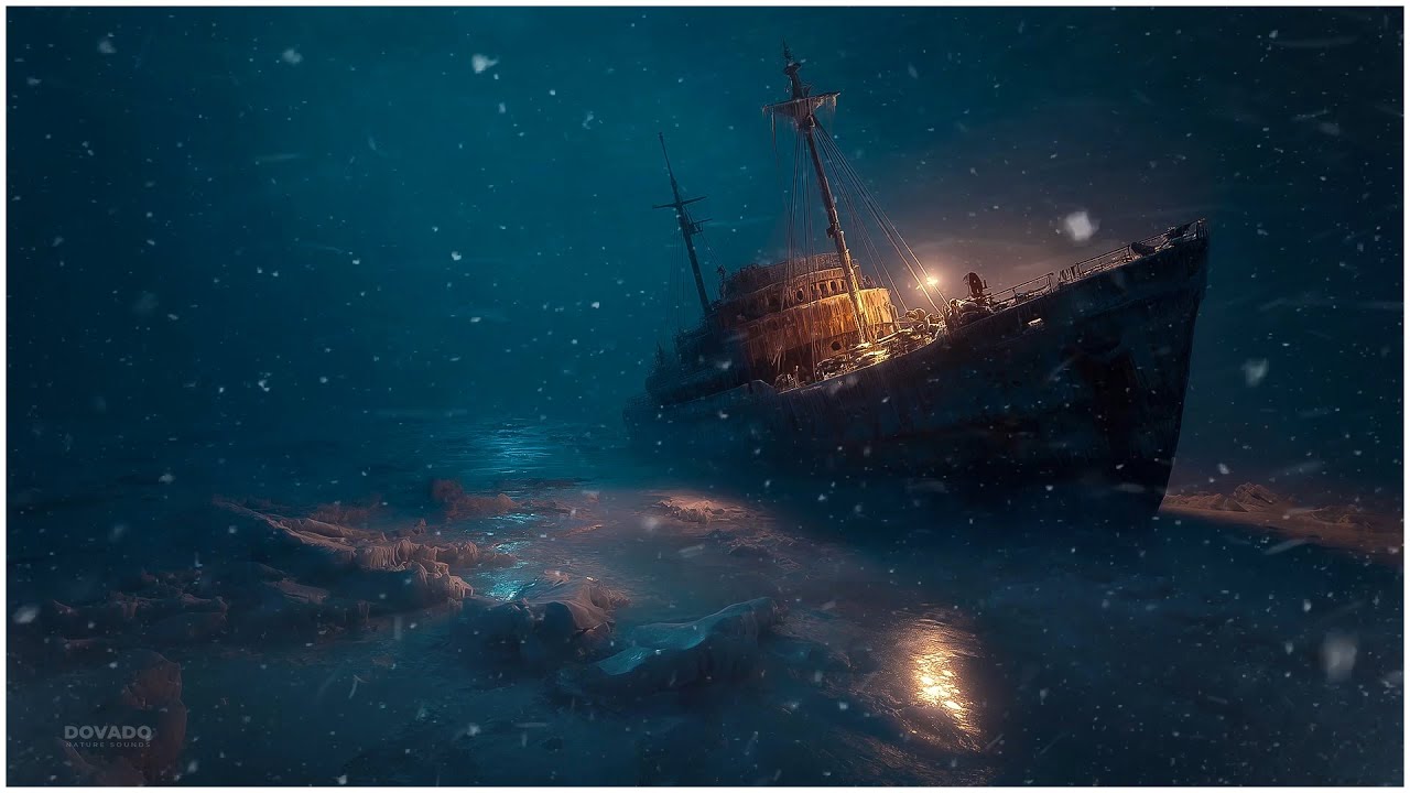 Frozen Ship in Arctic Ice┇Creaking Hull & Icy Polar Wind┇Frosty Ocean Night to Relax