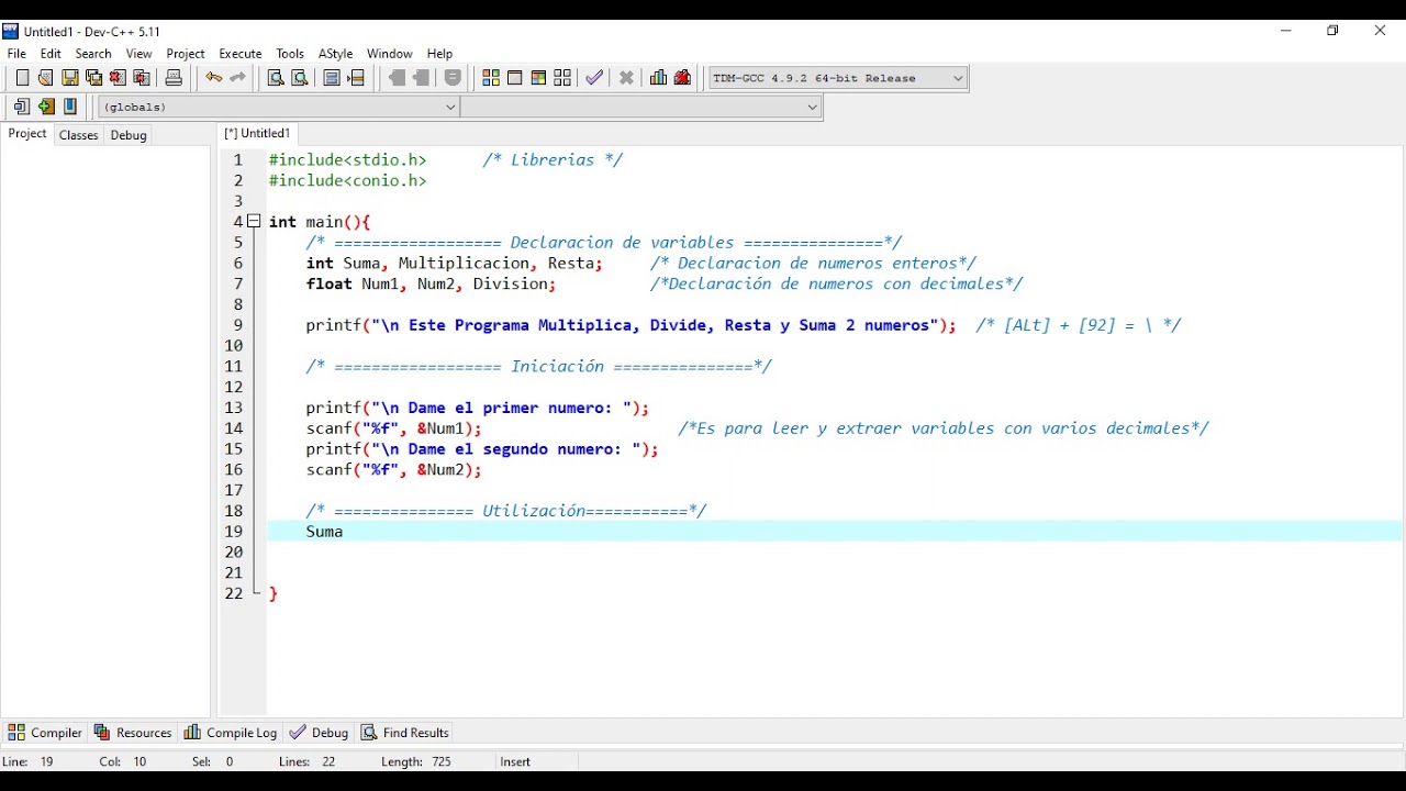 Programa Operaciones b&aacute;sicas  con Dev C++