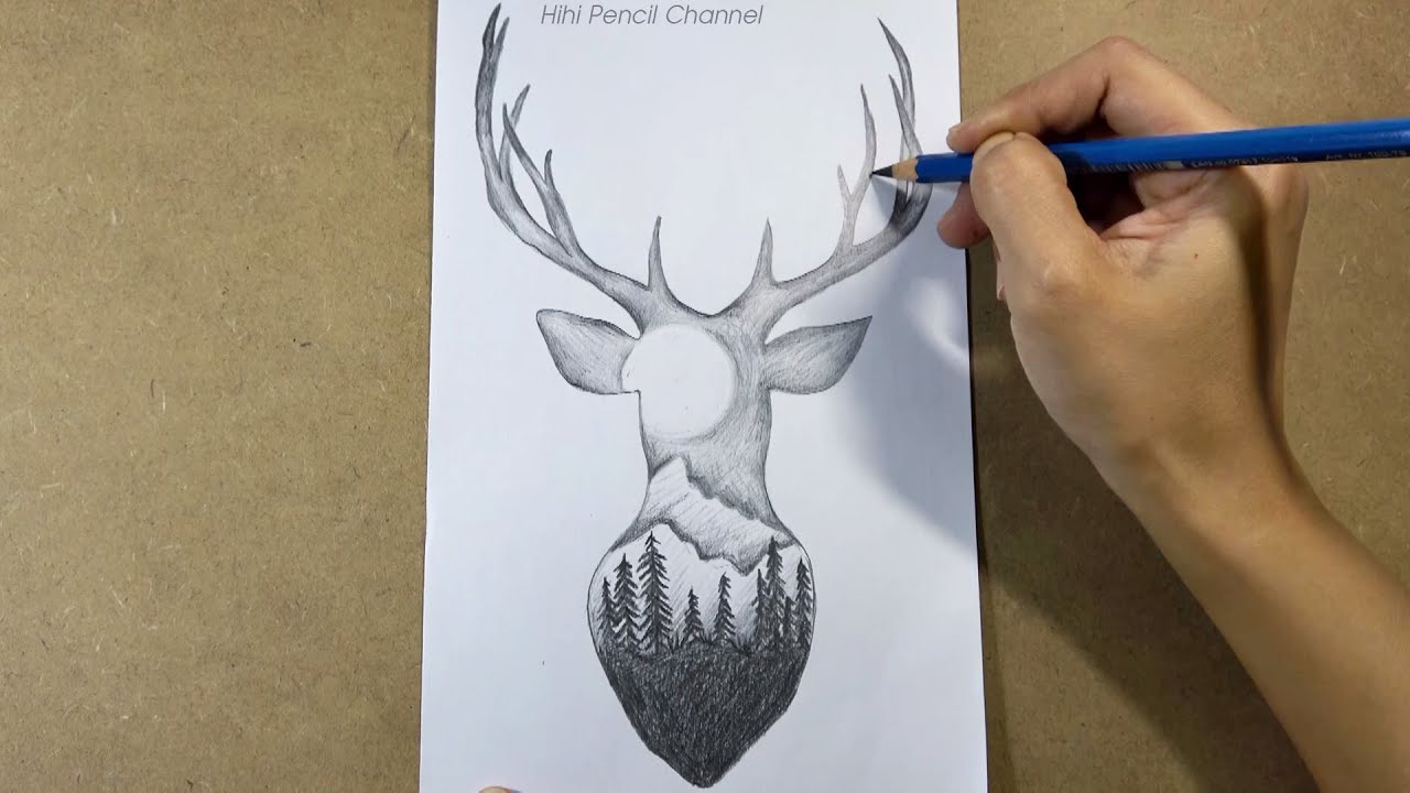How to draw forest landscape Scenery inside Deer Head