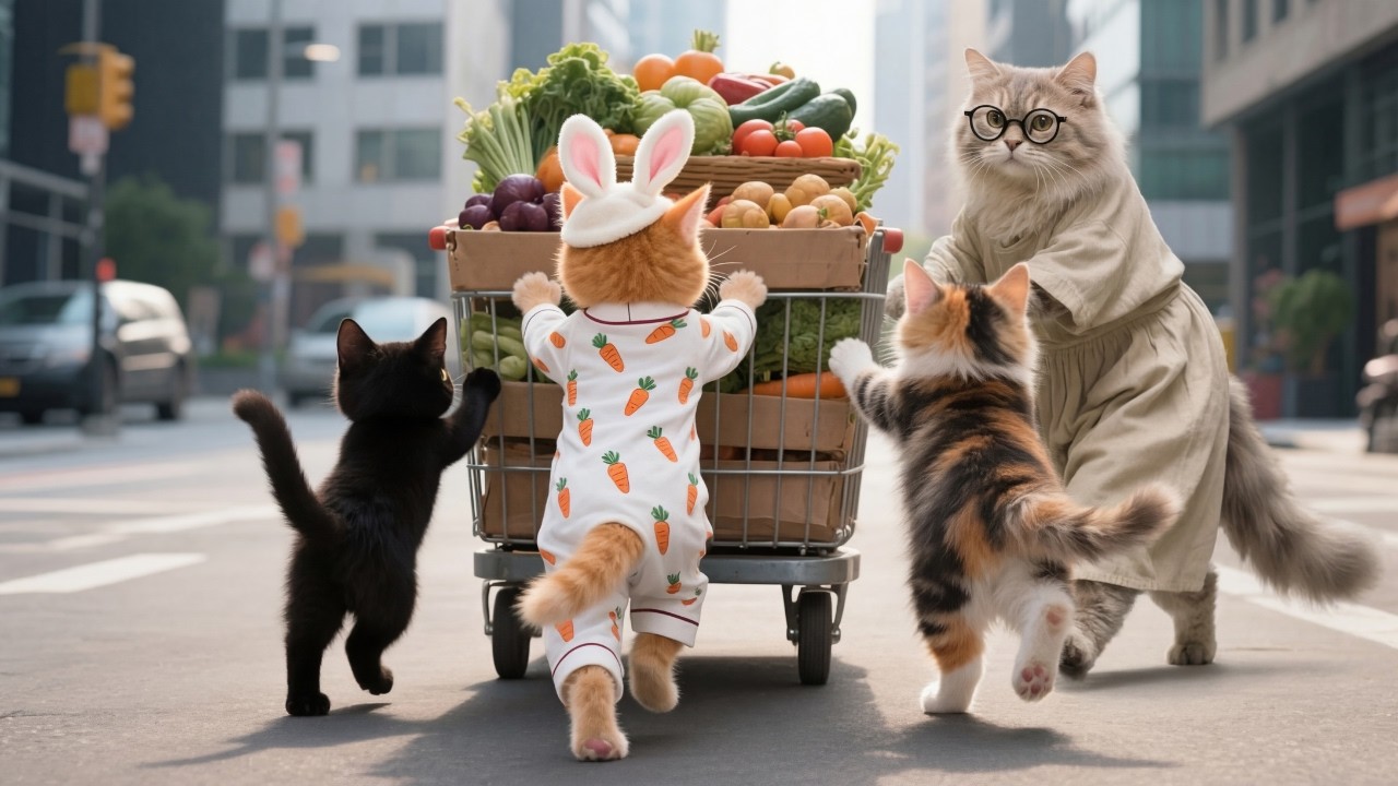 Kitten Receives Reward for Helping Grandma Cat Push the Cart, Mom Cat Makes Delicious Potato Dishes
