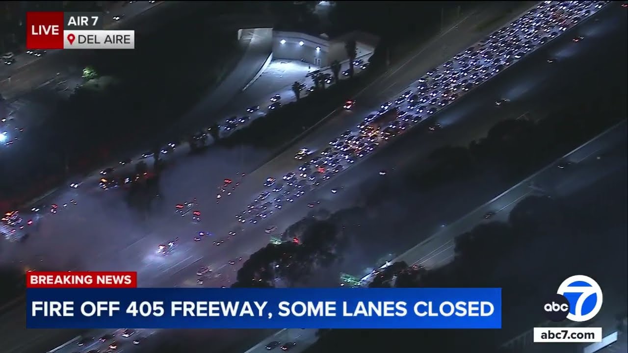 Grass fire shuts down several lanes on 405 Freeway near Hawthorne