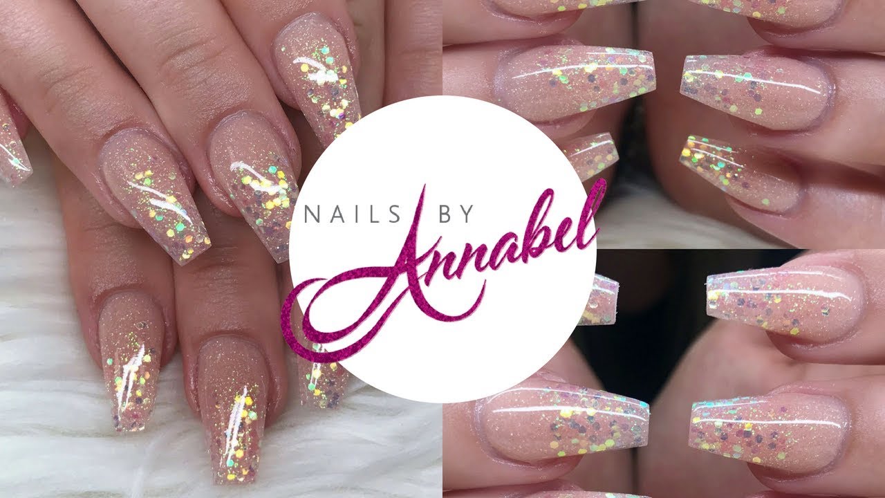 ✨🍑Simple Peach Shimmer Glitter fade Acrylic FULL SET using Glitterbels System🍑✨