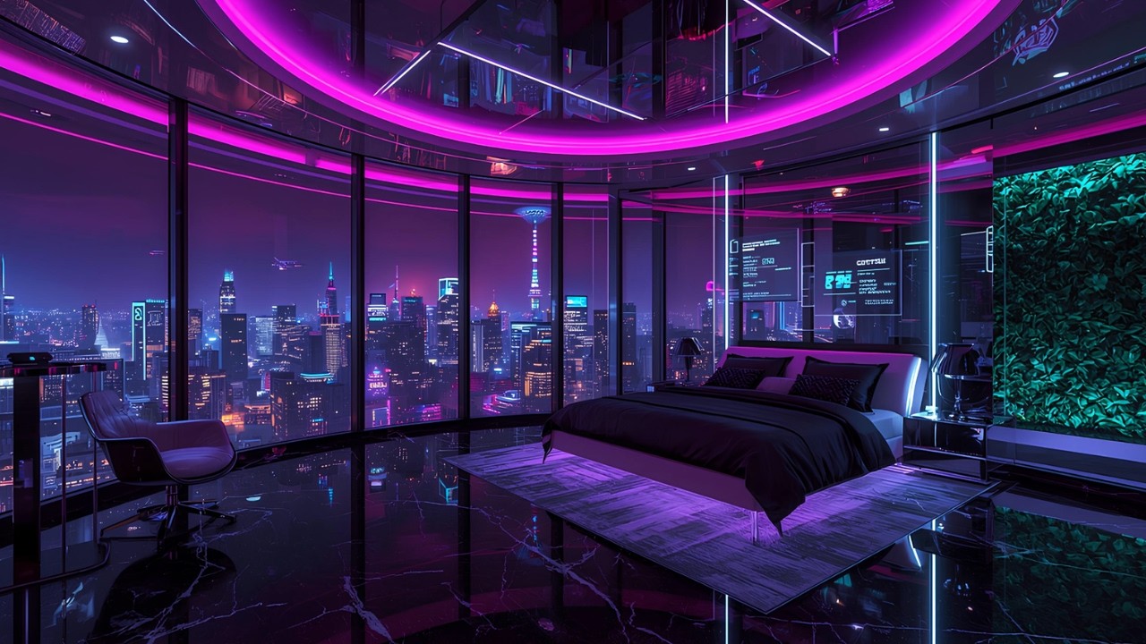 Futuristic Bedroom Above the Neon City 🌙 Relaxing Lofi Night Vibes