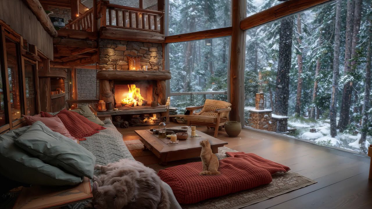 Cozy Winter Forest Cabin ❄️✨ Snow Breeze, Hearth Glow & Smooth Jazz for Meditation, Calm Mind