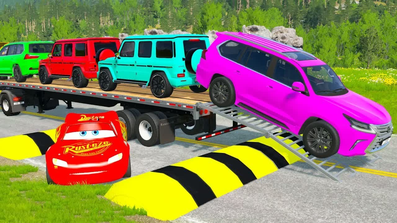 Flatbed Trailer McQueen Transportation with Truck - Speedbumps vs Cars vs Train - BeamNG.Drive #30