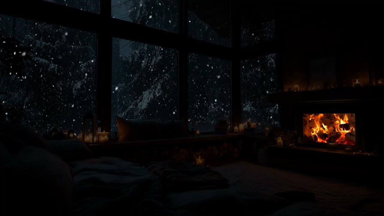Snowstorm Night in a Cozy Cabin ❄️ Fireplace Crackling Sounds for Relax & Sleep