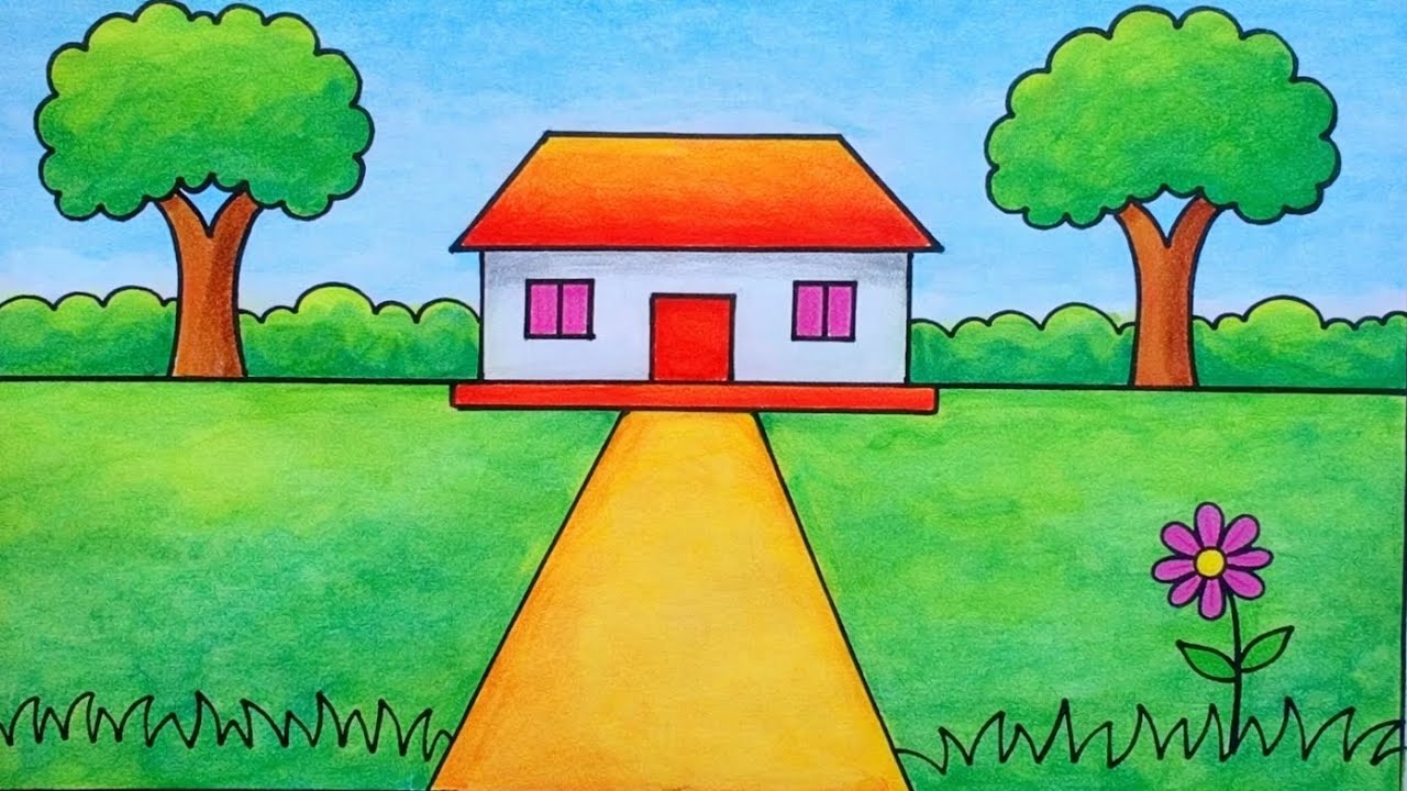 Simple village scenery drawing. Easy pencil sketch for beginners.  