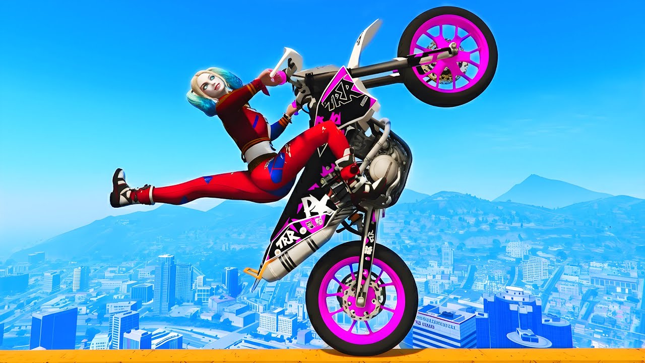 GTA 5 Harley Quinn - Epic Bike Stunt, Jumps - Motorcycle Fails & Parkour - Spider-Man Gameplay