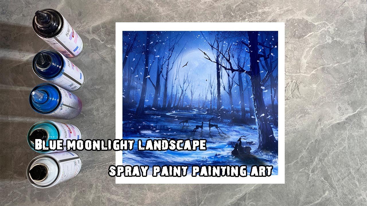 Blue moonlight landscape spray paint painting art