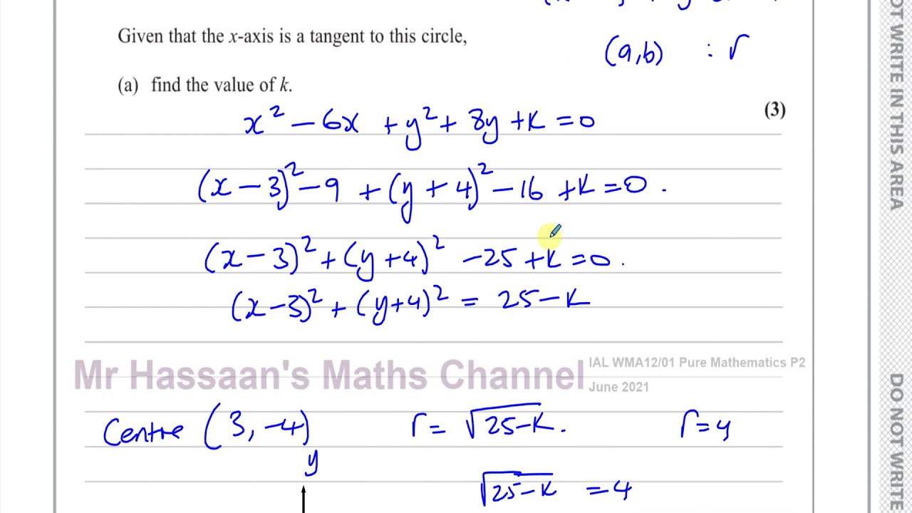 WMA12/01 IAL (Edexcel) P2 June 2021 Q6 Equations of Circles