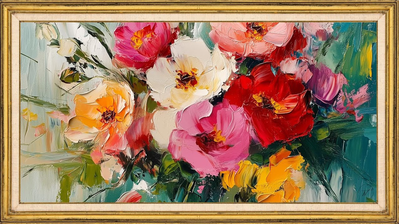 Floral Abstract Oil Painting with Subtle Gold Shimmer | 2 Hour TV Frame Art Screensaver