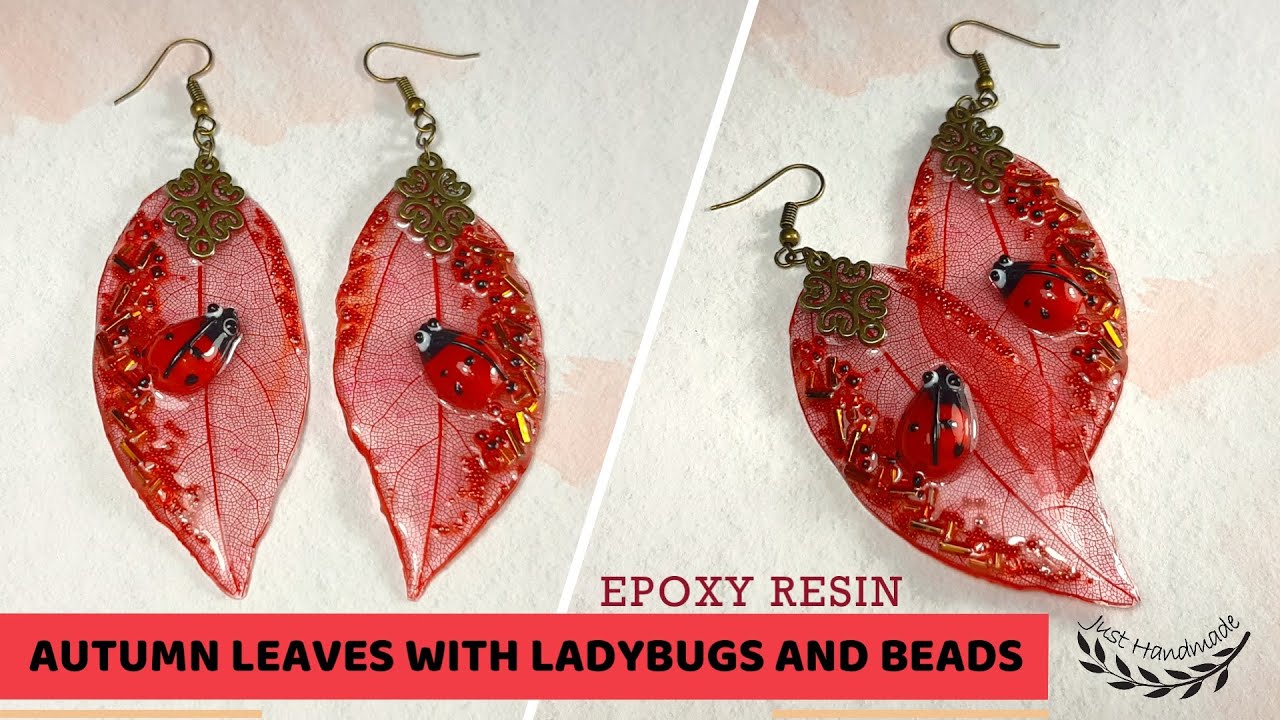 ~JustHandmade~ Epoxy resin AUTUMN SKELETON LEAVES with ladybugs & beads - jewelry - tutorial / DIY