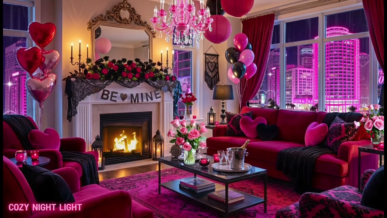 Valentine’s Day Rain in a Neon City  Cozy Fire & City Sounds Atmosphere