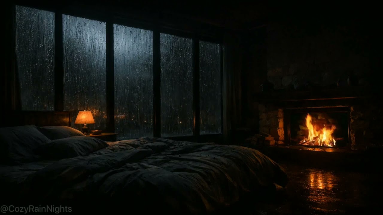 FALL ASLEEP IN 5 MINUTES💤🌧️Cozy Mountain Rain & Crackling Fireplace Sounds in a Dark Bedroom Cabin