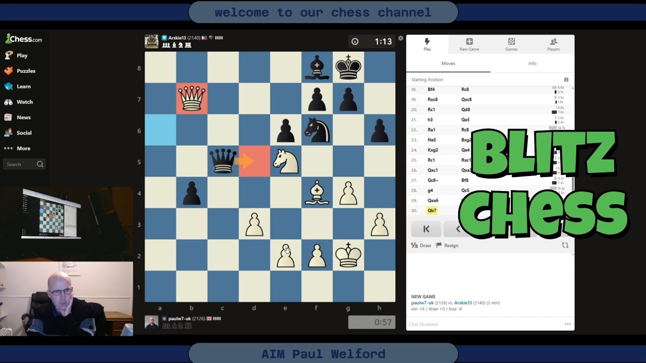 paulw7uk 2126 v 2140 Arskie13 blitz chess chesscom