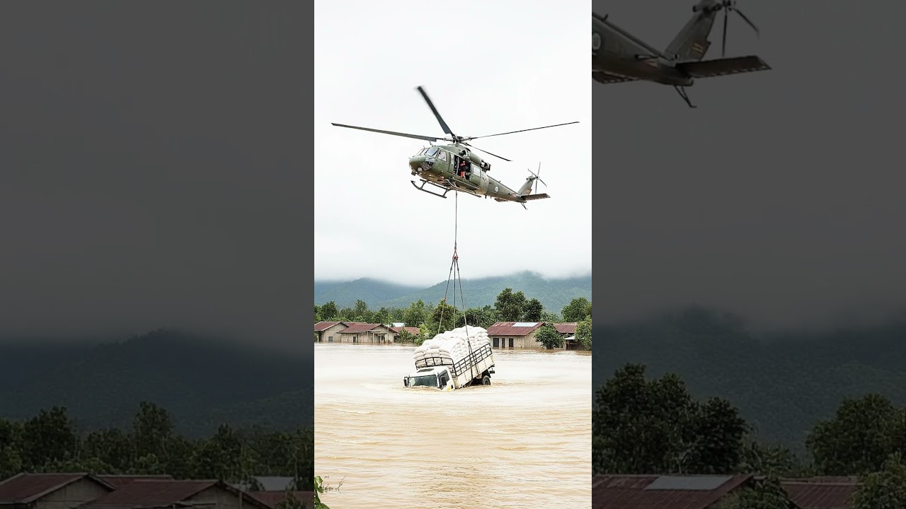 &ldquo;Epic Flood Rescue: Helicopter Lifts Truck Packed with Rice from Raging Waters!&rdquo; #HelicopterLift