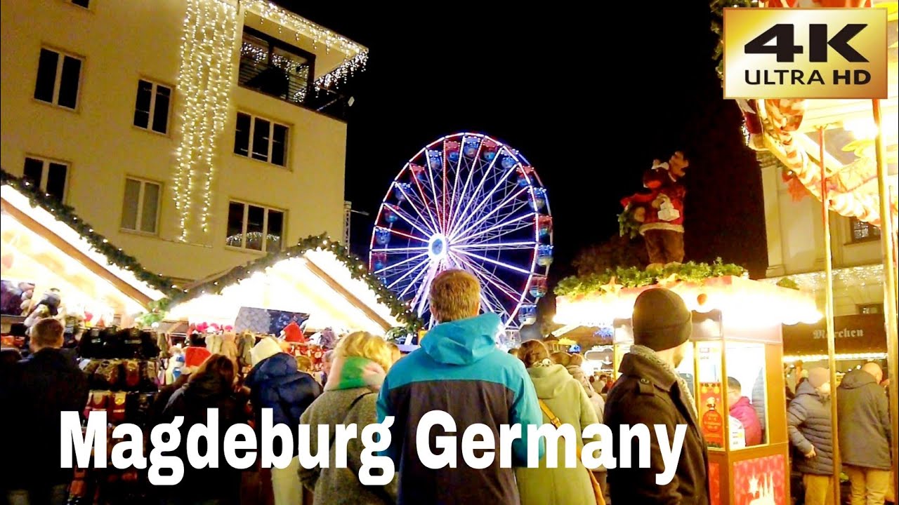 Magdeburg, Germany in night - Christmas Market walking tour 4k 60fps - Magdeburger weihnachtsmarkt