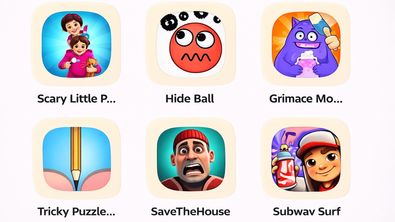 GRAMIC MONSTER SCARY SURVIVAL, SCARY LITTLE PRANKSTER, SAVE THE HOUSE, SUBWAY SURFERS, HIDE BALL